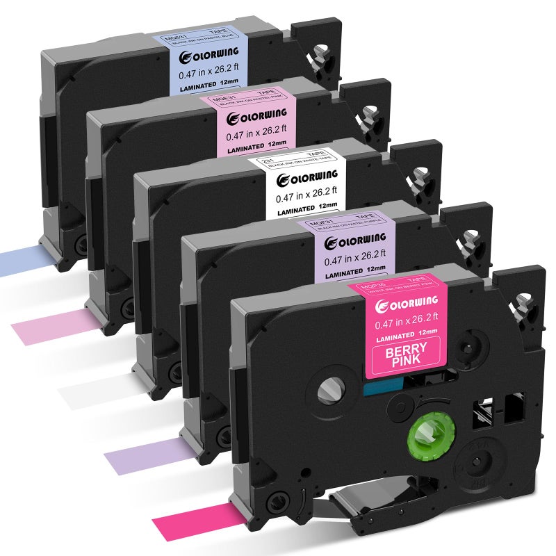 COLORWING 5-Pack Compatible Brother P-Touch Label Tape TZe TZ Tape 12mm 0.47 Laminated Label Maker Tape  for Brother Ptouch PT-D210 PT-H110 PT-D220 PTD610BT D400 D600  White/Berry Pink/Purple/Pink/Blue - Image 1